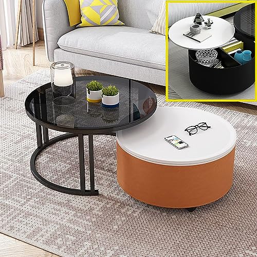 Moderner runder Couchtisch, 2er-Set, mit Stauraum, industrielle Beistelltische, Glasplatte, Metallrahmen, schwarze Beine Moderner runder Couchtisch, 2er-Set, mit Stauraum, industrielle Beistelltische, Glasplatte, Metallrahmen, schwarze Beine von Generisch