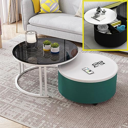 Moderner runder Couchtisch, 2er-Set, mit Stauraum, industrielle Beistelltische für kleine Räume, stapelbare Beistelltische mit Glasplatte und stabilem Metallrahmen, weiße Beine Moderner runder Couchtisch, 2er-Set, mit Stauraum, industrielle Beistelltische für kleine Räume, stapelbare Beistelltische mit Glasplatte und stabilem Metallrahmen, weiße Beine von Generisch