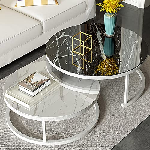 Moderner runder Couchtisch, 2er-Set, stapelbar, gehärtetes Glas und Metall, stilvoller weißer Rahmen, perfekt für Wohnzimmer, Größen 71,1 cm und 50,8 cm von Generisch