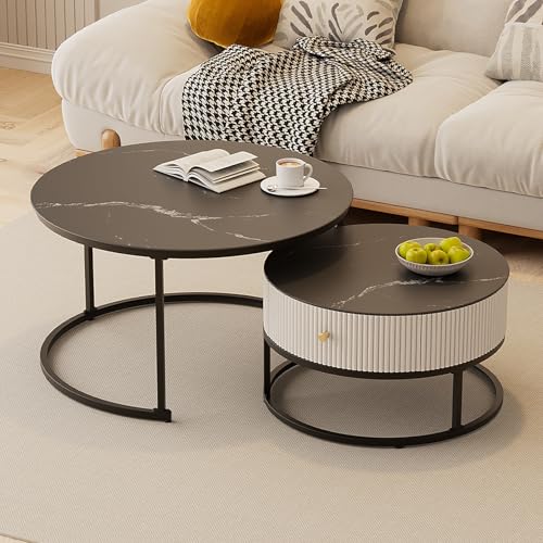 Moderner runder Couchtisch, rund, Glas, 2er Set mit Schublade, Kleiner Mitteltisch für kleine Wohnung und von Generisch