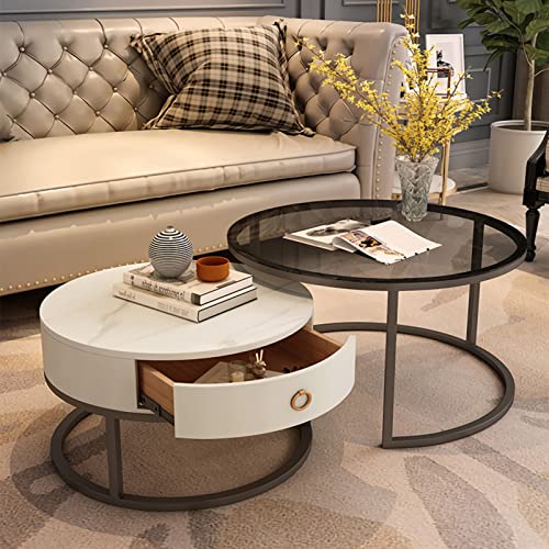 Moderner runder Couchtisch 2er Set, stilvolle Glasplatte mit Aufbewahrungsschublade, robustes Metallgestell, ideal für Wohnzimmer, funktionaler Teetisch mit Schieferoberfläche von Generisch