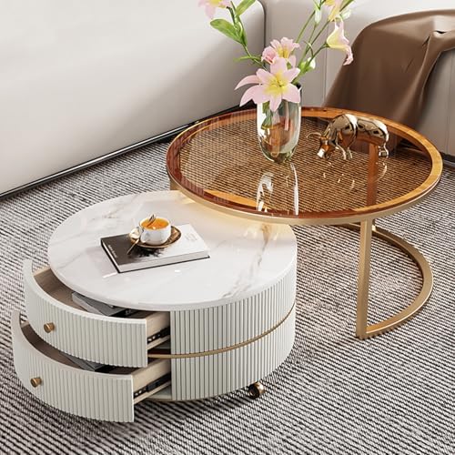 Moderner runder Couchtisch - Verstellbarer Teetisch aus Glas mit drehbarem Steinplatten-Design für kleine Wohnungen und Wohnzimmer von Generisch