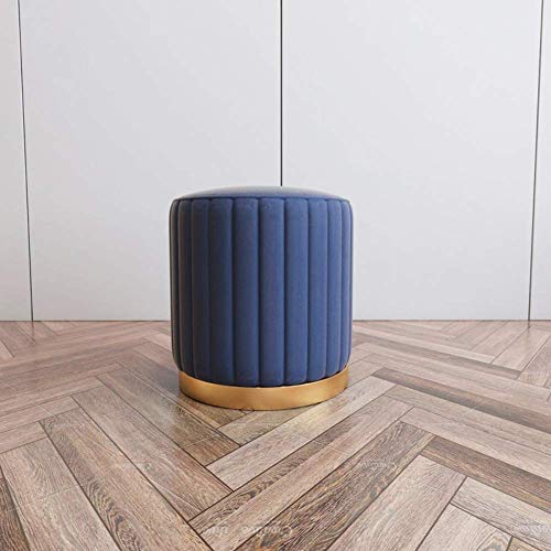 Moderner runder Pelz-Pouf mit goldfarbenem Metallbesatz, blauer Samtsitz und Messing-Fußstütze Moderner runder Pelz-Pouf mit goldfarbenem Metallbesatz, blauer Samtsitz und Messing-Fußstütze von Generisch