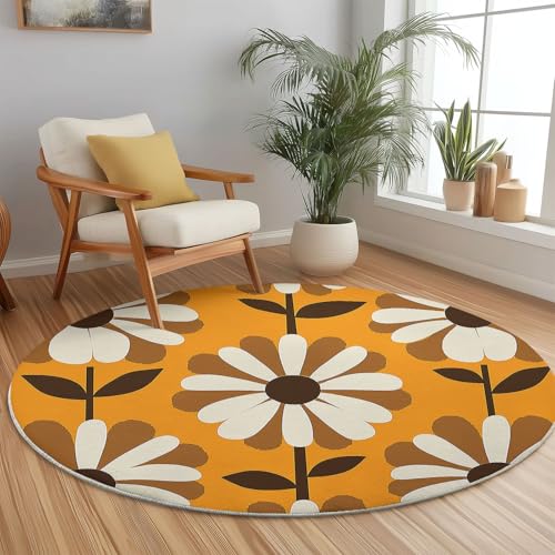 Moderner rutschfeste Teppich Rund, 120 x 120 cm Maschine Waschbar Teppich mit Vintage Blumen Muster, Gelb Kurzflor Teppiche Runder für Schlafzimmer Kinderzimmer Sofa Küche Fußmatte Moderner rutschfeste Teppich Rund, 120 x 120 cm Maschine Waschbar Teppich mit Vintage Blumen Muster, Gelb Kurzflor Teppiche Runder für Schlafzimmer Kinderzimmer Sofa Küche Fußmatte von Generisch