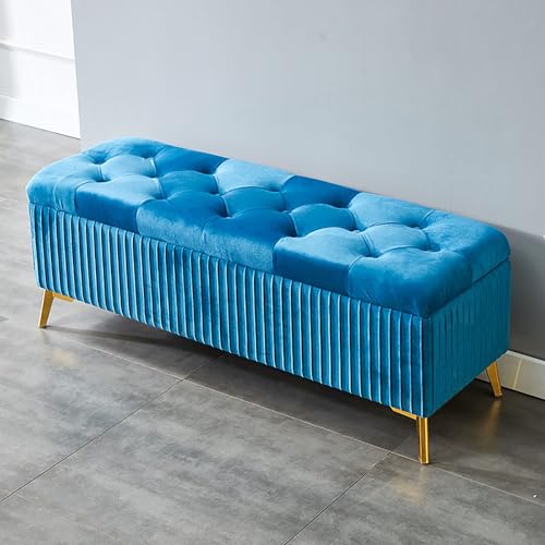 Moderner samtgepolsterter rechteckiger Hocker für Wohnzimmer und Schlafzimmer, stilvolle Aufbewahrungsbank mit verstecktem Fach in Grau (Größe: 100 x 39 x 45 cm, Farbe: Blau) von Generisch