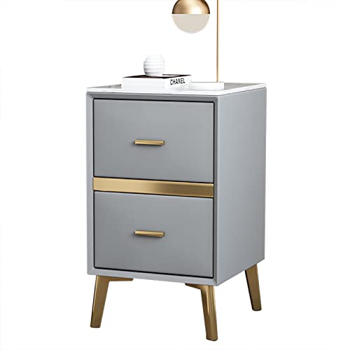 Moderner schmaler Beistelltisch Nachttisch mit 2 Schubladen aus Mikrofaser-Leder & gesinterter Steinplatte hellgrau kompaktes Design für kleine Räume 40x35x55cm von Generisch