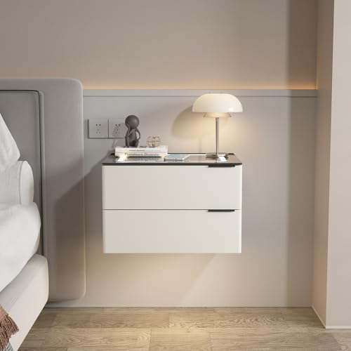 Moderner schwebender Nachttisch mit Schublade & Ladestation, Hochglanz-LED-Design, stilvolles schwebendes Regal für Schlafzimmer & Wohnzimmer (Beige 45 x 40 x 32 cm) von Generisch