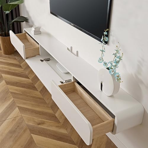 Moderner schwebender TV-Schrank für kleine Wohnungen, weiß, runde Ecken, Design mit unterer Klappe und Schublade, stilvoller, platzsparender TV-Ständer (200 x 24 x 18 cm) von Generisch