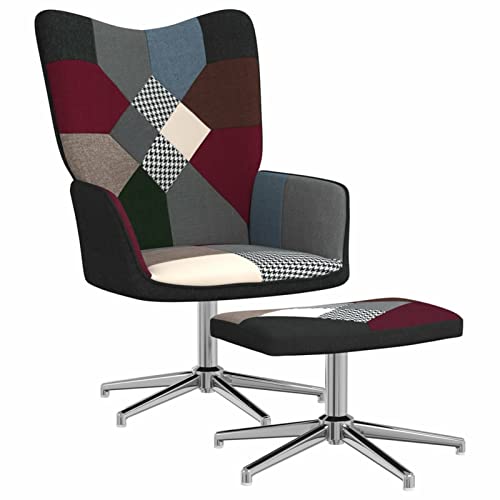 Moderner silberner Drehstuhl mit Patchwork-Stoff gepolstert und gepolstert Lounge Sessel für Wohnzimmer Schlafzimmer Arbeitszimmer inklusive Hocker von Generisch