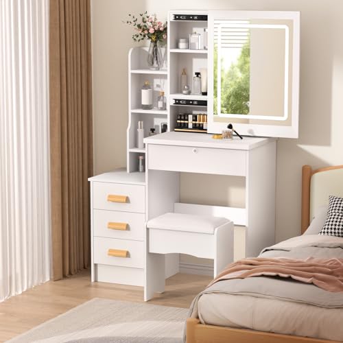 Moderner weißer LED-beleuchteter Eck-Schminktisch mit Spiegelschubladen und Hocker, 80 x 40 x 135 cm Moderner weißer LED-beleuchteter Eck-Schminktisch mit Spiegelschubladen und Hocker, 80 x 40 x 135 cm von Generisch