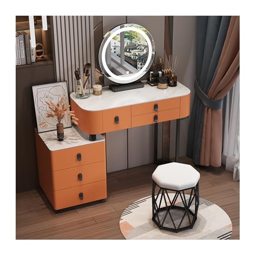 Moderner weißer Schminktisch mit LED-Spiegel & Nachttisch, stilvoller Schminktisch für Mädchen & Damen, inklusive orangefarbenem runden Hocker, 100 cm Schminktisch Moderner weißer Schminktisch mit LED-Spiegel & Nachttisch, stilvoller Schminktisch für Mädchen & Damen, inklusive orangefarbenem runden Hocker, 100 cm Schminktisch von Generisch