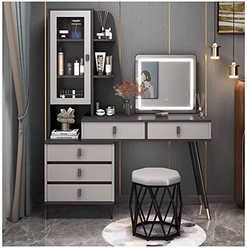 Moderner weißer Schminktisch mit LED-beleuchtetem Spiegel, verstellbare Helligkeit, Schubladen und Schrank, Waschtisch-Set, Hocker, 100 cm, Grau links Moderner weißer Schminktisch mit LED-beleuchtetem Spiegel, verstellbare Helligkeit, Schubladen und Schrank, Waschtisch-Set, Hocker, 100 cm, Grau links von Generisch