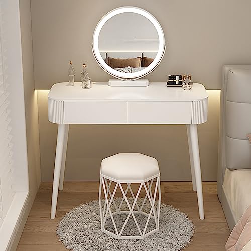 Moderner weißer Schminktisch mit LED-beleuchtetem Spiegel und Schublade, kompakter Kosmetik-Organizer für Schlafzimmer und Ankleidezimmer (Tisch + Hocker, 100 cm) von Generisch