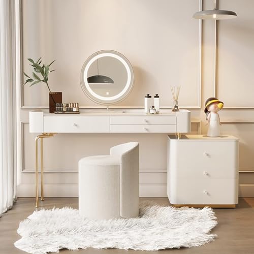 Moderner weißer Schminktisch mit rundem Spiegel, stilvoller Schminktisch mit Schubladen, Massivholz, Kosmetiktisch, verstellbare Lichter, 80 cm, goldfarbene Beine, 3 Farboptionen Moderner weißer Schminktisch mit rundem Spiegel, stilvoller Schminktisch mit Schubladen, Massivholz, Kosmetiktisch, verstellbare Lichter, 80 cm, goldfarbene Beine, 3 Farboptionen von Generisch