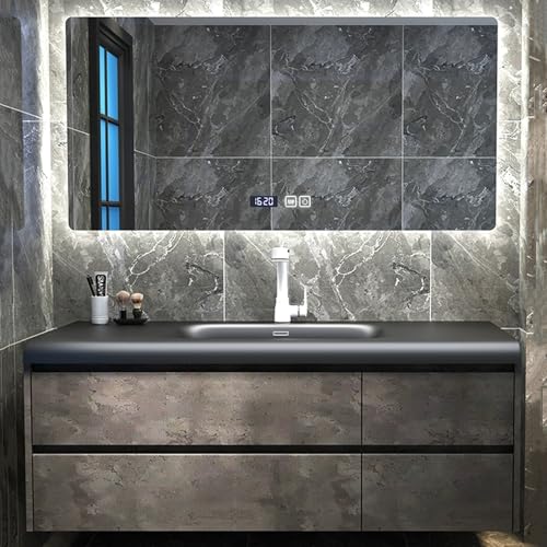 Modernes 140cm Badezimmer Waschtisch Set mit Waschbecken & LED Spiegel Wandmontierte Schwarze Möbel Stilvolle Aufbewahrung für Elegante Badezimmer Platzsparendes Design von Generisch