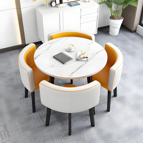 Modernes 5-teiliges Esstisch-Set mit 80 cm Holztisch und 4 gepolsterten PU-Stühlen, kompaktes Design für kleine Räume, ideal für Familienesszimmer oder kleinen Konferenzraum, gelber runder Tisch Modernes 5-teiliges Esstisch-Set mit 80 cm Holztisch und 4 gepolsterten PU-Stühlen, kompaktes Design für kleine Räume, ideal für Familienesszimmer oder kleinen Konferenzraum, gelber runder Tisch von Generisch