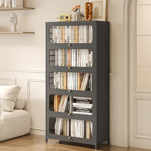 Modernes Bücherregal aus Metall mit transparenter Tür und geradem Bein-Design, freistehender Aufbewahrungsschrank für Wohnzimmer, Küche, Speisekammer oder Büro (grau) von Generisch