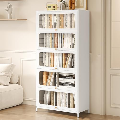 Modernes Bücherregal aus Stahl mit transparenten Türen und geraden Beinen, freistehender Aufbewahrungsschrank für Küche, Speisekammer, Wohnzimmer und Büro, rechteckiger Vitrine aus Metall, Weiß Modernes Bücherregal aus Stahl mit transparenten Türen und geraden Beinen, freistehender Aufbewahrungsschrank für Küche, Speisekammer, Wohnzimmer und Büro, rechteckiger Vitrine aus Metall, Weiß von Generisch