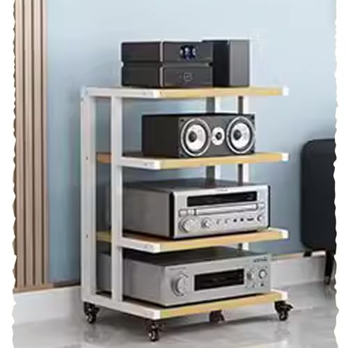 Modernes Design, 4-stöckiges Audio-Tower-Regal mit Rädern für Heimkino, Stereoanlage, offener Speicher-Media-Ständer, Schrank in Weiß und Walnuss-Farbkombination von Generisch
