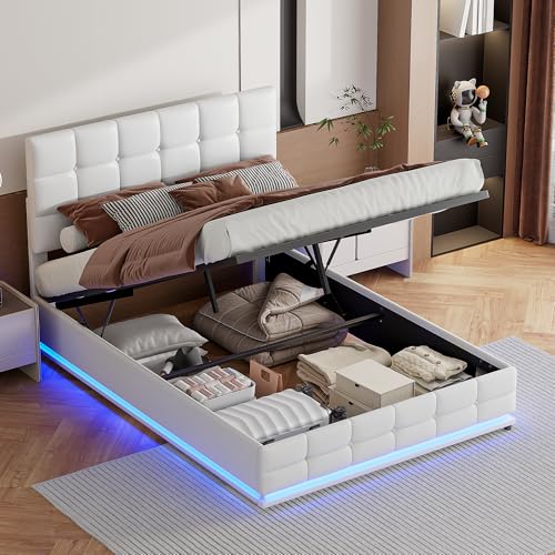 Modernes Doppelbett 140x200 cm mit Hydraulikspeicher LED-Beleuchtung Verstellbares Kopfteil PU-Rahmen inklusive Lattenrost Weiß Keine Matratze Modernes Doppelbett 140x200 cm mit Hydraulikspeicher LED-Beleuchtung Verstellbares Kopfteil PU-Rahmen inklusive Lattenrost Weiß Keine Matratze von Generisch