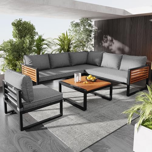Modernes Gartenlounge-Set für 5-6 Personen mit wasserdichtem Polyesterstoff, verzinktem Eisenrahmen & Holz-Armlehnen – Perfekt für Terrasse, Balkon & Garten (3 Pakete, einfache Montage) von Generisch