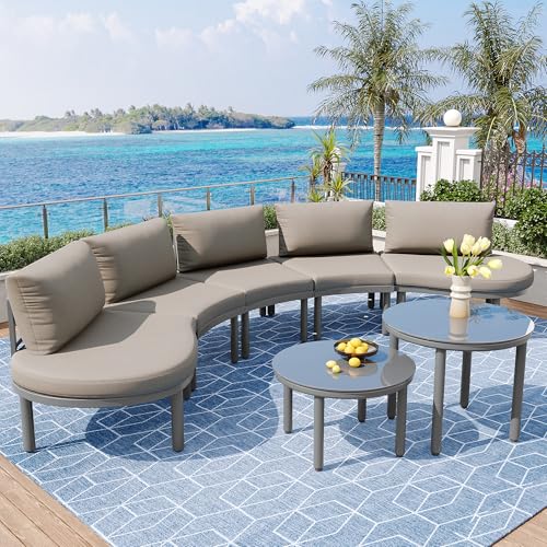 Modernes Gartenmöbel-Set 5-Sitzer mit 2 Couchtischen aus gehärtetem Glas – Verzinkter Eisenrahmen, Graue Polster, Verstellbare Füße & 150 kg Tragkraft pro Sitzplatz von Generisch