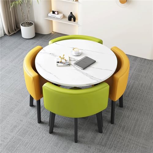 Modernes Marmor-Esstisch-Set mit weichen Rückenlehne, platzsparendes Design für den Empfang, inklusive 80 cm rundem Tisch und 4 bequemen Stühlen (2 gelb, 2 grün) von Generisch