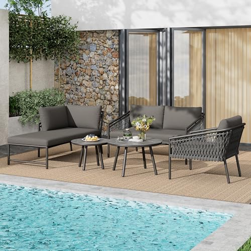 Modernes Outdoor Sofa Set Gartenmöbel mit Handgewebtem Seil inkl. Sitzkissen & 2 Glastischen für Terrasse Balkon Grau von Generisch
