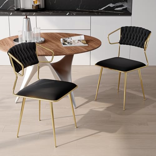 Modernes Samt-Esszimmerstuhl-Set mit gewebten, gepolsterten Seitenstühlen, goldene Metallbeine, 2 Stück, für Wohnzimmer, Esstisch, Küche, Waschtisch (schwarz) von Generisch