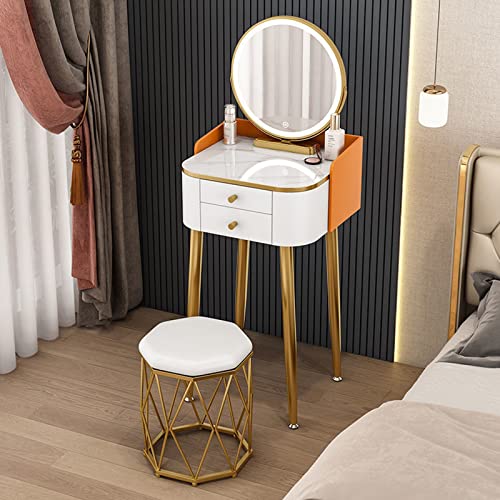 Modernes Schminktisch-Set mit LED-beleuchtetem Spiegelhocker und 2 Schubladen, Weiß + Orange, L: 40 cm von Generisch