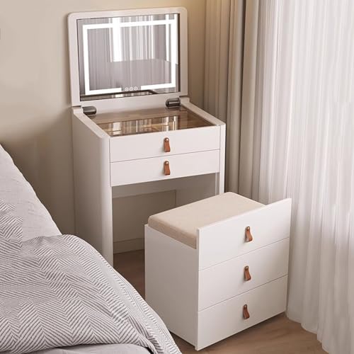 Modernes Schminktisch-Set mit Spiegel und Lichtern, kleiner Klapptisch mit 2 Schubladen und Hocker für Schlafzimmer, multifunktional, 48 cm, Schminktisch von Generisch