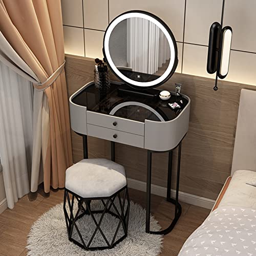 Modernes Schminktisch-Set mit beleuchtetem Spiegel, Schminktisch mit gepolstertem Hocker, 2 große Schubladen, schwarze Tischplatte aus gehärtetem Glas, stilvolles grau+schwarzes Design, perfektes von Generisch