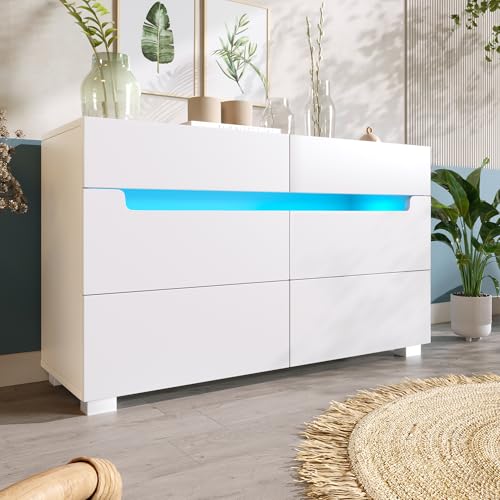 Modernes Sideboard Weiß mit 6 geräuscharmen Schubladen, LED-Beleuchtung per App-Steuerung – Stauraum-Schrank für Wohnzimmer & Schlafzimmer (71x120x40 cm) von Generisch