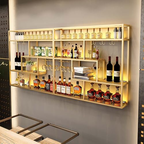 Modernes Weinregal zur Wandmontage mit LED-Licht und Glashalter, große Kapazität, schwebende Regale aus Metall für Baraufbewahrung von Generisch