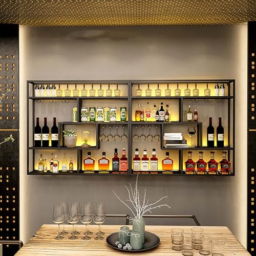 Modernes Weinregal zur Wandmontage mit LED-Licht und Glashalter, große Kapazität, schwebende Regale aus Metall für Baraufbewahrung Modernes Weinregal zur Wandmontage mit LED-Licht und Glashalter, große Kapazität, schwebende Regale aus Metall für Baraufbewahrung von Generisch