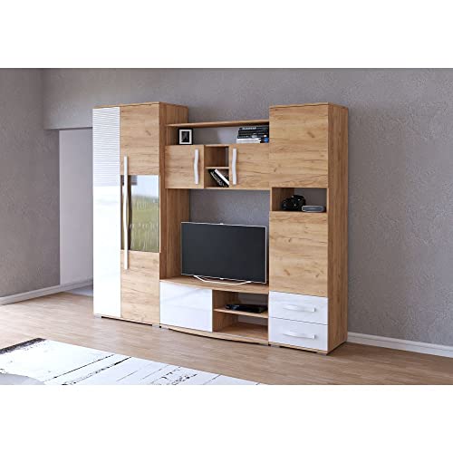 Modernes Wohnzimmermöbel-Set Wohnwand TV-Ständer in Gold Eiche und Weiß Glanz Modernes Wohnzimmermöbel-Set Wohnwand TV-Ständer in Gold Eiche und Weiß Glanz von Generisch