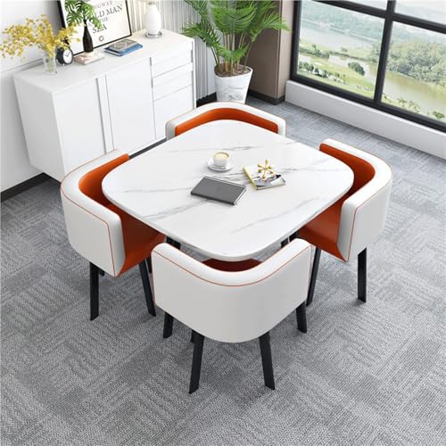 Modernes rundes Marmor-Esstisch-Set mit weicher Rückenlehne, platzsparender 80 cm Empfangstisch & 4 orange/weißen Stühlen, bequeme Esszimmermöbel Modernes rundes Marmor-Esstisch-Set mit weicher Rückenlehne, platzsparender 80 cm Empfangstisch & 4 orange/weißen Stühlen, bequeme Esszimmermöbel von Generisch