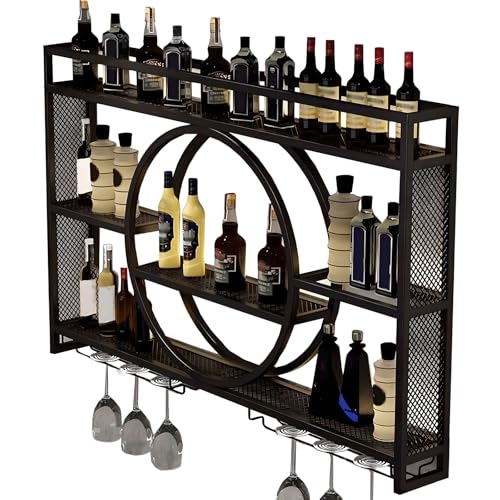 Modernes rundes Wand-Weinregal für Küche, Wohnzimmer, Bar, großes Fassungsvermögen, dekorativer Eisenflaschenhalter (schwarz, 140 cm) von Generisch
