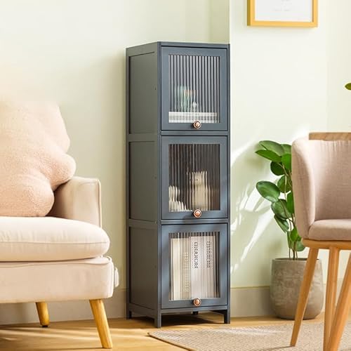 Modernes schmales Bücherregal mit verschließbarer Tür, stilvolles kleines Bücherregal für Wohnzimmer, Acryl, Klapptür-Design, platzsparendes Aufbewahrungsregal, 30 x 32 x 106 cm, Grau von Generisch