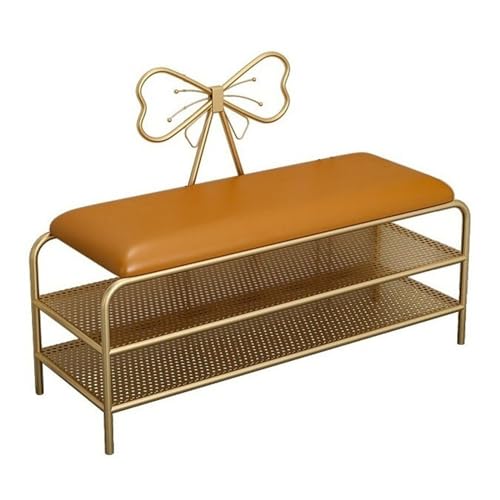 Modernes zweistöckiges Schuhregal mit goldfarbenem Metallrahmen, Plüschkissen und gewölbter Rückenlehne, stilvolle Aufbewahrung für Eingangsbereich, Schlafzimmer, Flur (Orange, 100 x 35 x 45 cm) von Generisch