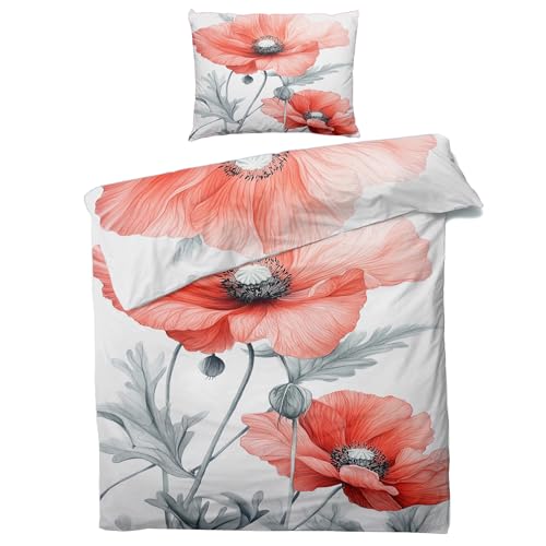 Mohnblumen Bettwäsche 135x200 - Rote Mohn Bettbezug 135 x 200 2er Set, Weiche & Angenehme Mikrofaser Bettbezüge & Kissenbezug 80x80, Bettwäsche-Sets mit Reißverschluss L#-68 von Generisch