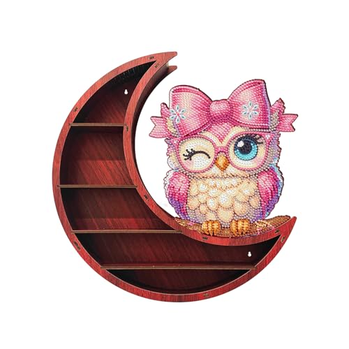 Mondregal aus Holz, Dekoration für DIY-Diamant-Kunstmalerei, Kristall-Display, schwebende Regale, rustikaler Bohemian-Stil, Wandmontage, für Wohnzimmer, Schlafzimmer, rosa Eule Mondregal aus Holz, Dekoration für DIY-Diamant-Kunstmalerei, Kristall-Display, schwebende Regale, rustikaler Bohemian-Stil, Wandmontage, für Wohnzimmer, Schlafzimmer, rosa Eule von Generisch