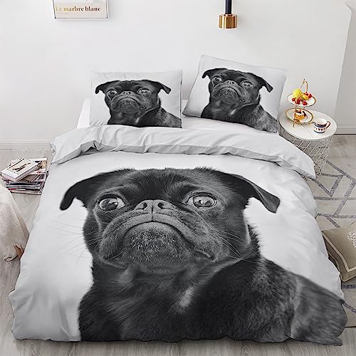 Mops Bettwäsche 135x200 2 teilig - Hund Schwarz Und Weiß Bettbezug, Sommer Bettwäsche-Sets, Weich & Bügelfrei Mikrofaser Wendebettwäsche und 1 Kissenbezug 80x80 mit Reißverschlus N3-&-95 von Generisch