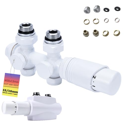 Multiblock Heizkörper Set, Ventil Hahnblock mit Thermostat Eckform und Durchgangsform, Ventil-Armaturen Mittelanschluss Thermostatregler für Badheizkörper G 1/2" oder G 3/4", 15mm/16mm, Weiß von Generisch