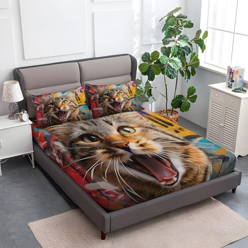Multicolor Spannbettlaken Weiche Atmungsaktivem 140 x 200 cm, Tiefe Tasche Matratzenschoner rutschfeste Atmungsaktive Kritzeleien Kunst Tiere Katzen Spannbettlaken für Kinder Erwachsene von Generisch