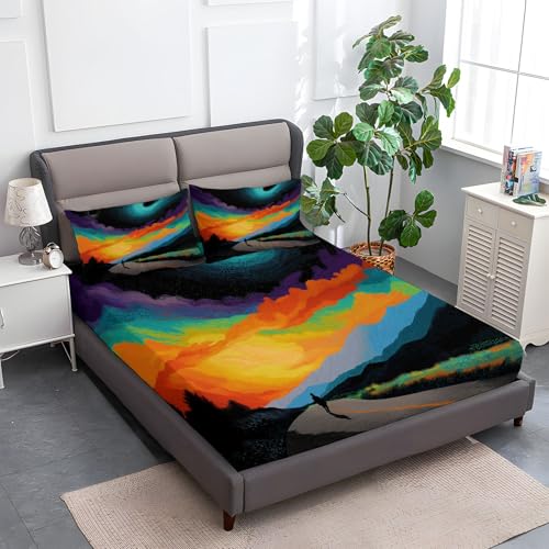 Multicolor Spannbettlaken Weiche Atmungsaktivem 200 x 200 cm, Tiefe Tasche Matratzenschoner rutschfeste Atmungsaktive Psychedelisch Bunt Himmel Galaxie Spannbettlaken für Kinder Erwachsene von Generisch