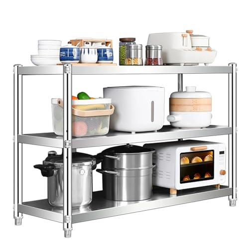 Multifunktionale 3-stöckige Edelstahl-Werkbank mit verstellbaren Füßen, vielseitiger Vorbereitungstisch und offenem Aufbewahrungsregal für Küche, Werkstatt, Garage (90 x 40 x 80 cm) von Generisch