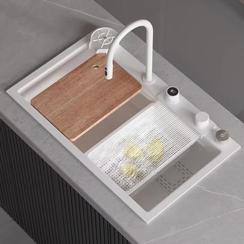 Multifunktionale Edelstahl-Spüle, einfaches weißes Wasserfall-Küchenbecken für einfaches Geschirrspülen, langlebiges Einzelschüssel-Design, perfekt für moderne Küchen von Generisch