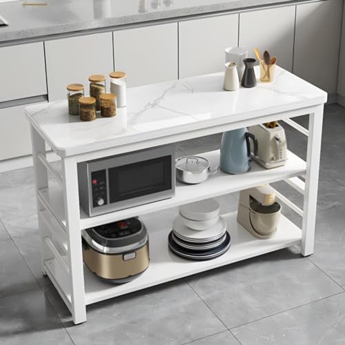 Multifunktionale Kücheninsel mit geräumiger Arbeitsplatte und Aufbewahrungsregal für Mikrowelle, erweiterbarer Ständer mit robustem Steinplatten-Boden-Design (Weiß, 80 x 30 x 80 cm) von Generisch
