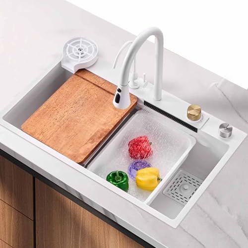 Multifunktionale weiße Küchenspüle mit großem Einzelbecken, Edelstahl-Wasserhahn, komplettes Zubehör enthalten (68 x 45 x 22 cm) – modernes Design für einfache Reinigung und stilvolles Kochen von Generisch